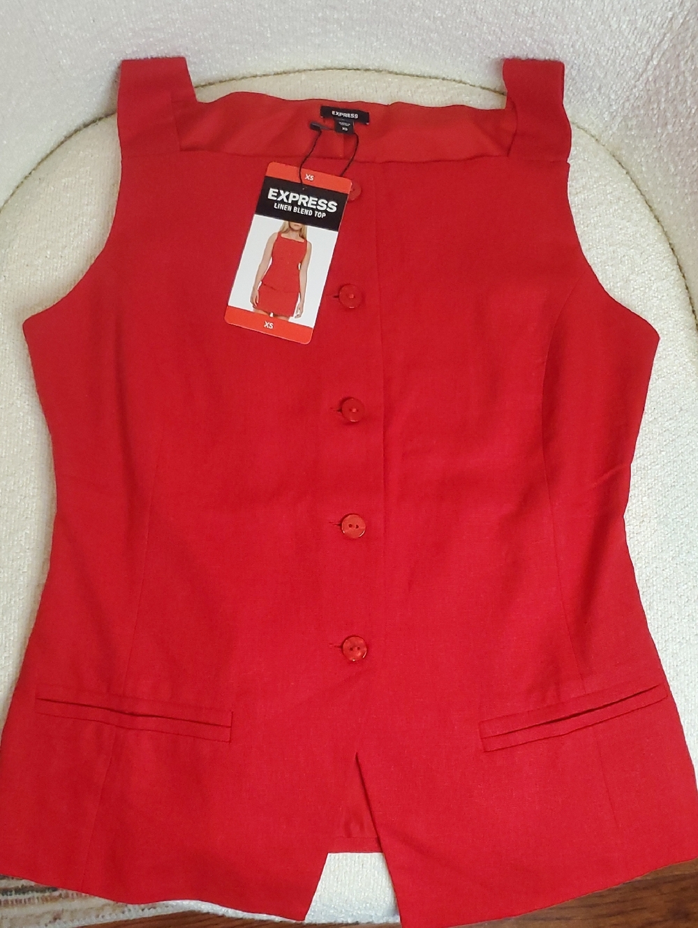NWT Express Red Linen-Blend Sleeveless Top Button Fully Lined Tailored Size XS - Picture 3 of 9